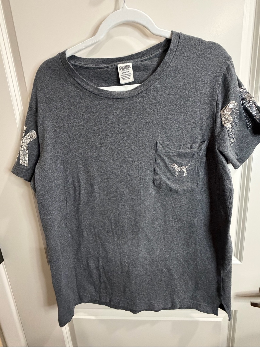 Victoria's Secret PINK Gray Sequin Dog Pocket T-Shirt Bling Sleeve Size L